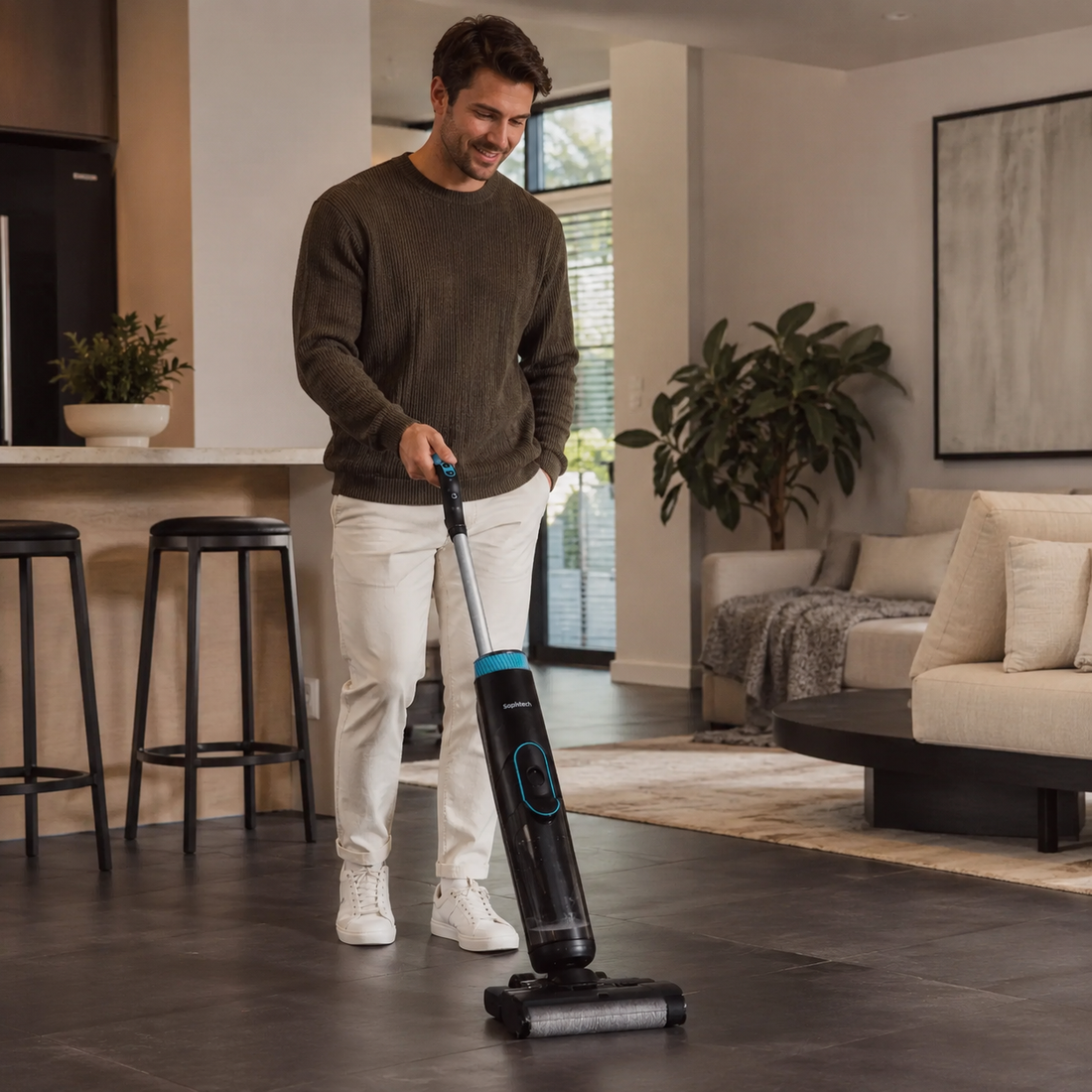Sophitech DualClean Pro dweilstofzuiger in gebruik op een donkere tegelvloer in een moderne woonkamer