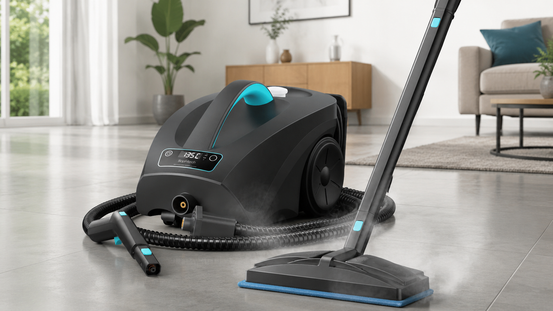 Sophitech stoomreiniger op een lichte vloer in een moderne woonkamer