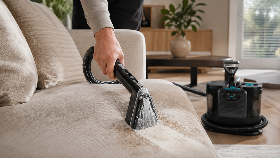 Sophitech DeepClean Pro vlekkenreiniger in actie op stoffen bank