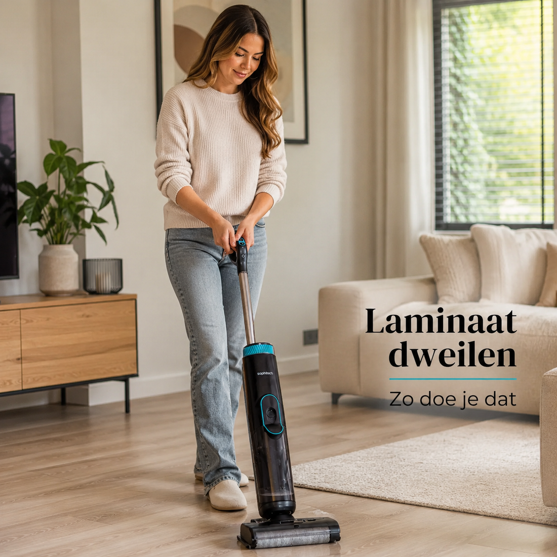 Sophitech DualClean Pro dweilstofzuiger op een licht laminaat vloer in een Scandinavische woonkamer