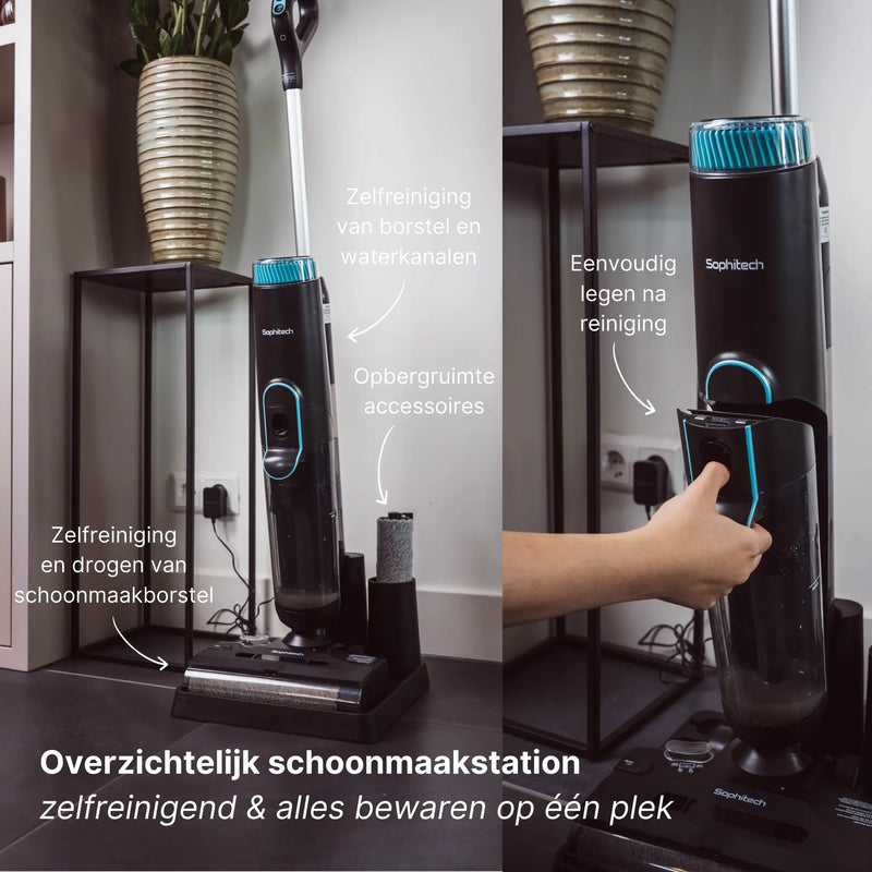 DualClean Pro dweilstofzuiger in zelfreinigend dockingstation met droogfunctie