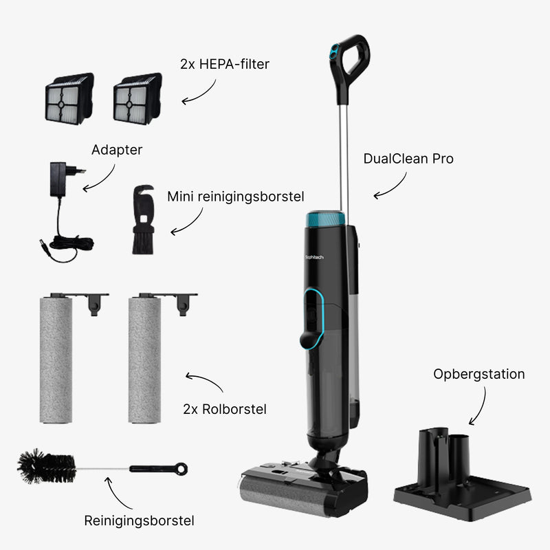 Sophitech DualClean Pro dweilstofzuiger met basisstation, HEPA-filters en rolborstels