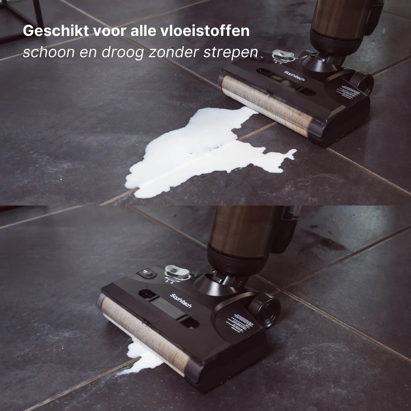 DualClean Pro dweilstofzuiger neemt gemorste vloeistof in 1 beweging op