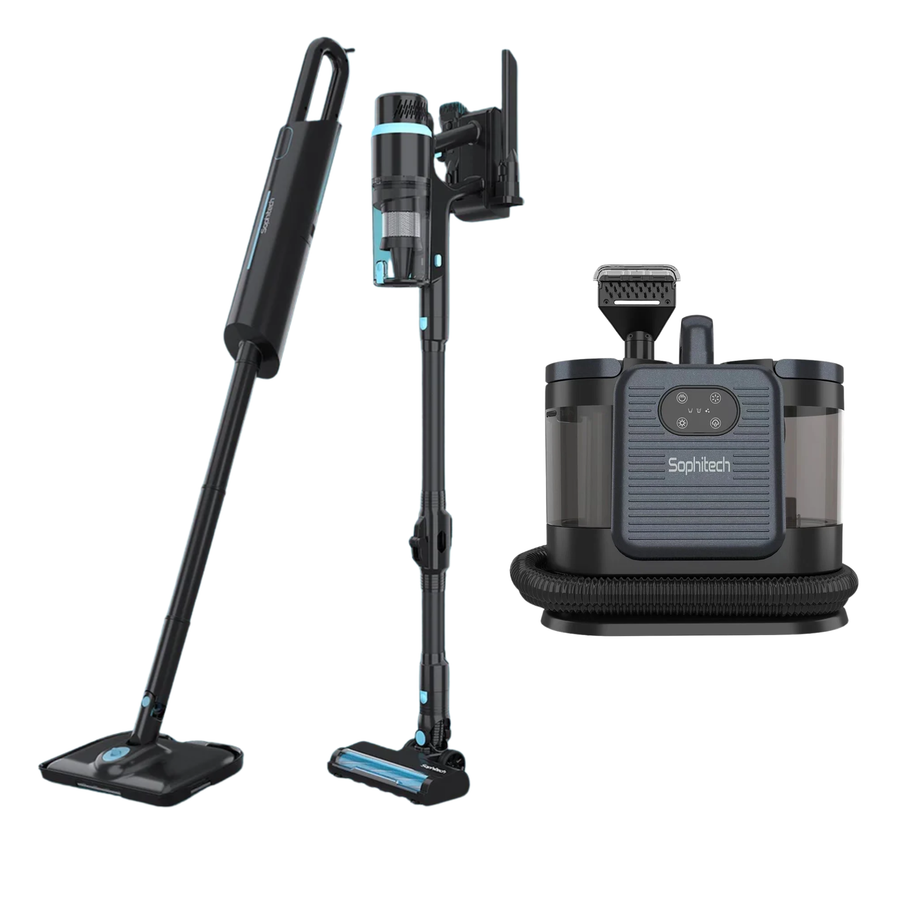 DustVision steelstofzuiger, SteamFlow stoomreiniger en DeepClean Pro vlekkenreiniger naast elkaar
