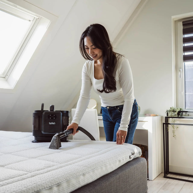 Vrouw reinigt een matras met de DeepClean Pro