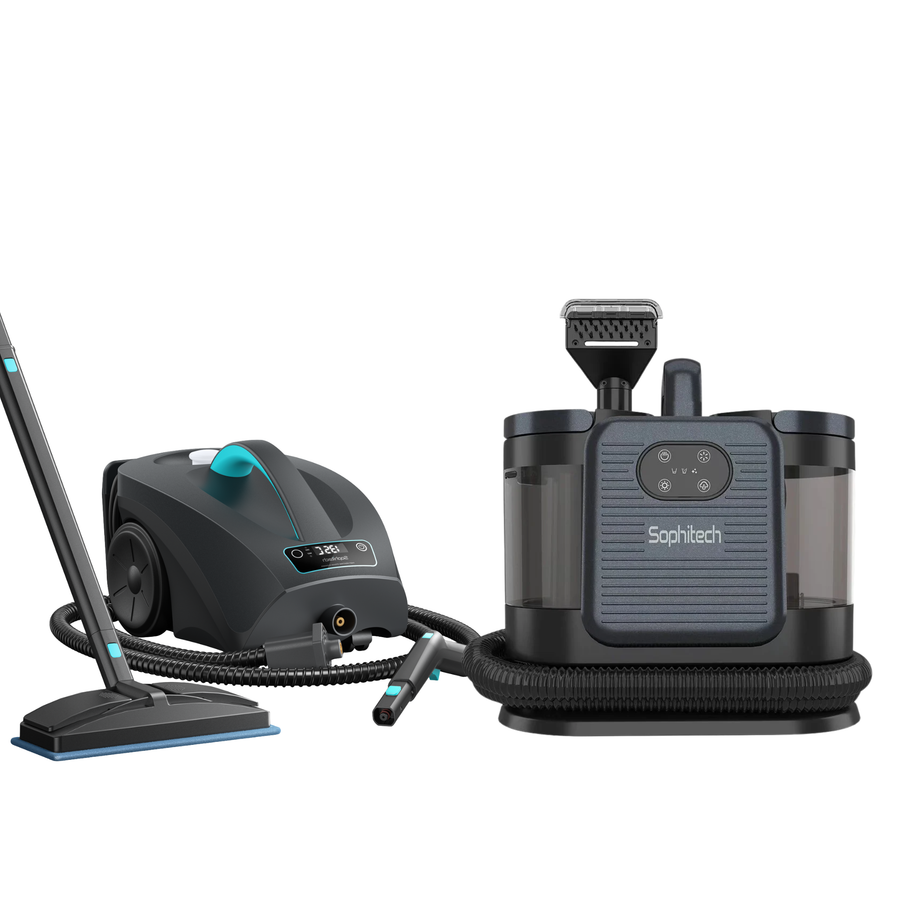 SteamMaster stoomreiniger en DeepClean Pro vlekkenreiniger naast elkaar
