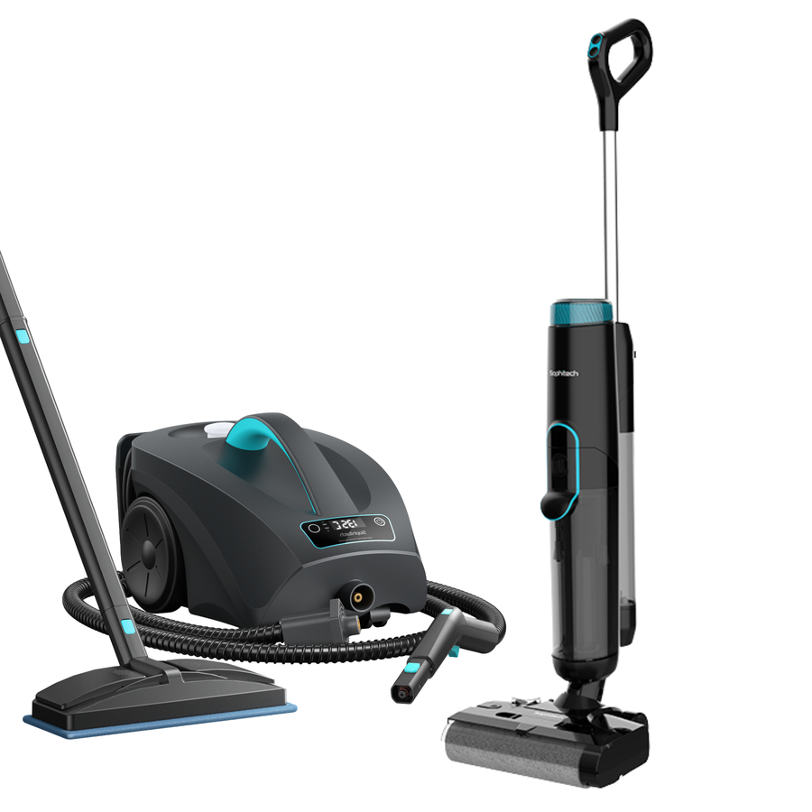 SteamMaster stoomreiniger en DualClean Pro dweilstofzuiger naast elkaar